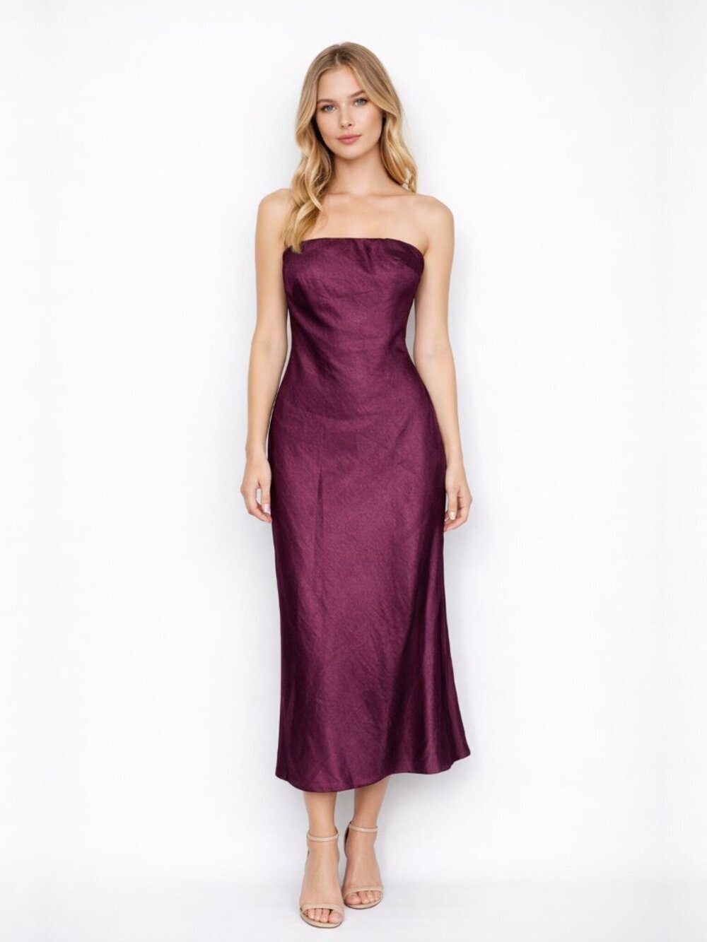Wilfred Strapless Midi Cocktail Dress Aubergine Small #A1837